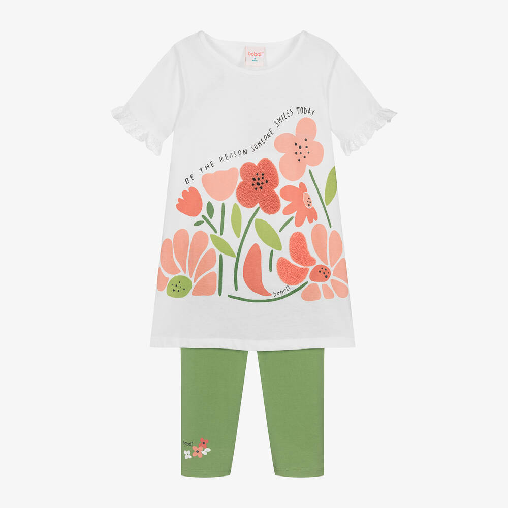 Boboli - طقم فستان قطن جيرسي لون أبيض وأخضر للبنات | Childrensalon