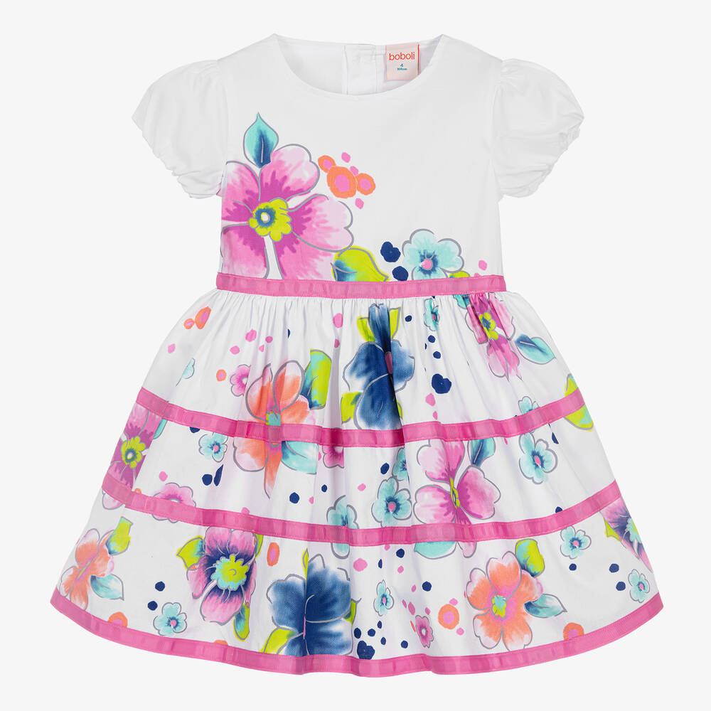 Boboli - فستان قطن بوبلين لون أبيض وزهري بطبعة ورود | Childrensalon