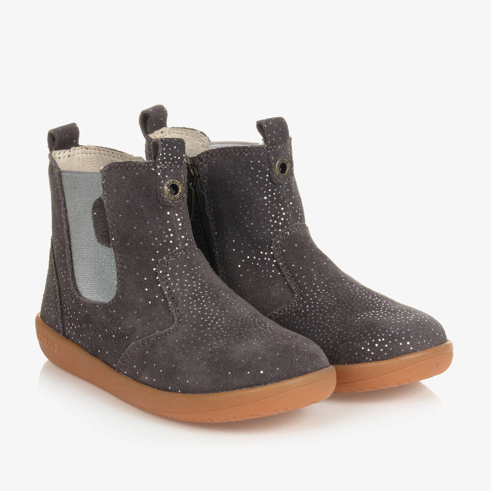 Bobux Kid + - Girls Grey Sparkly Suede Leather Boots | Childrensalon