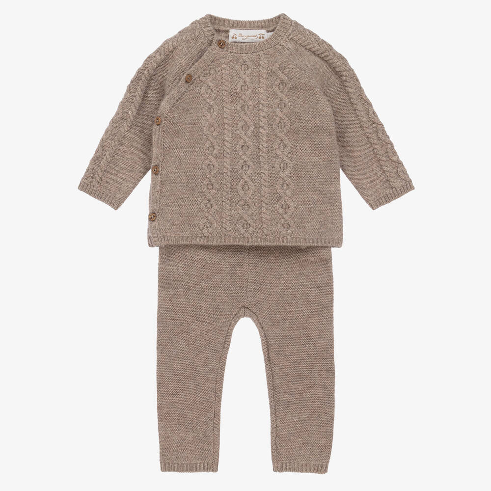 Bonpoint - Baby Boys Brown Wool Knitted Trouser Set | Childrensalon