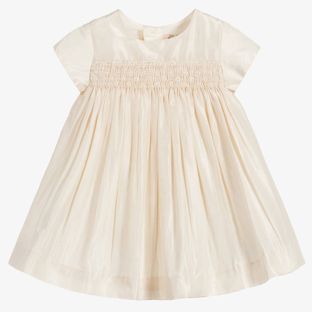 Bonpoint - Кремовое присборенное платье из шелка с трусиками | Childrensalon