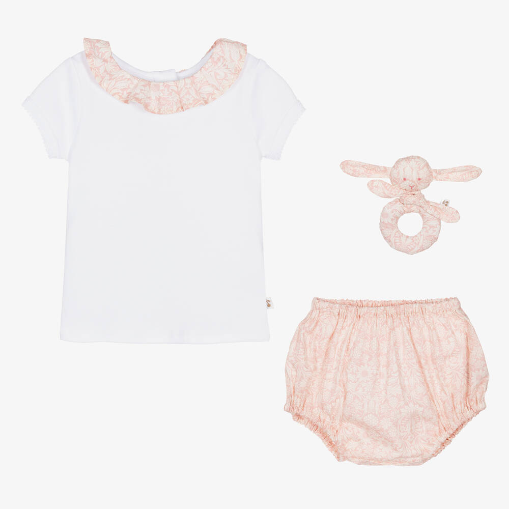Bonpoint - Baby Girls Pink & White Cotton Shorts Set | Childrensalon