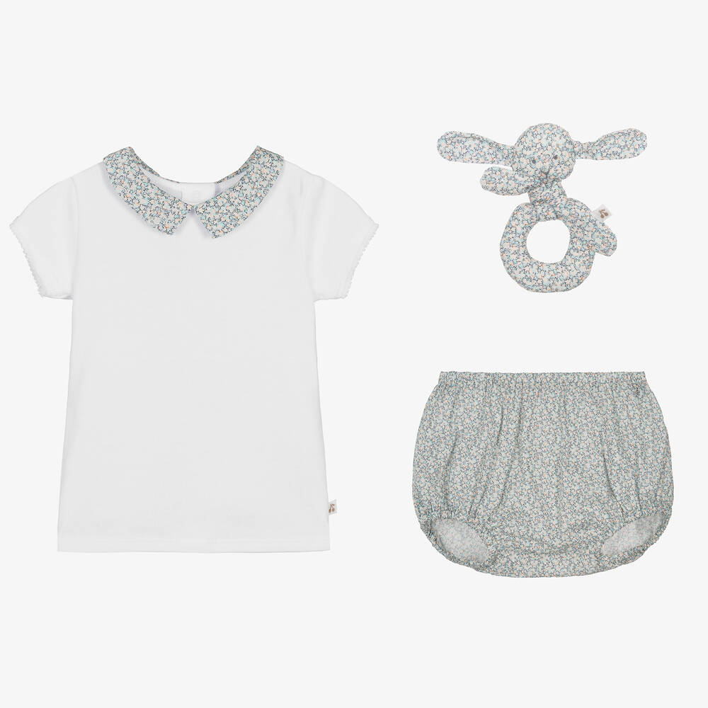 Shop Bonpoint Baby Girls White & Blue Floral Shorts Set
