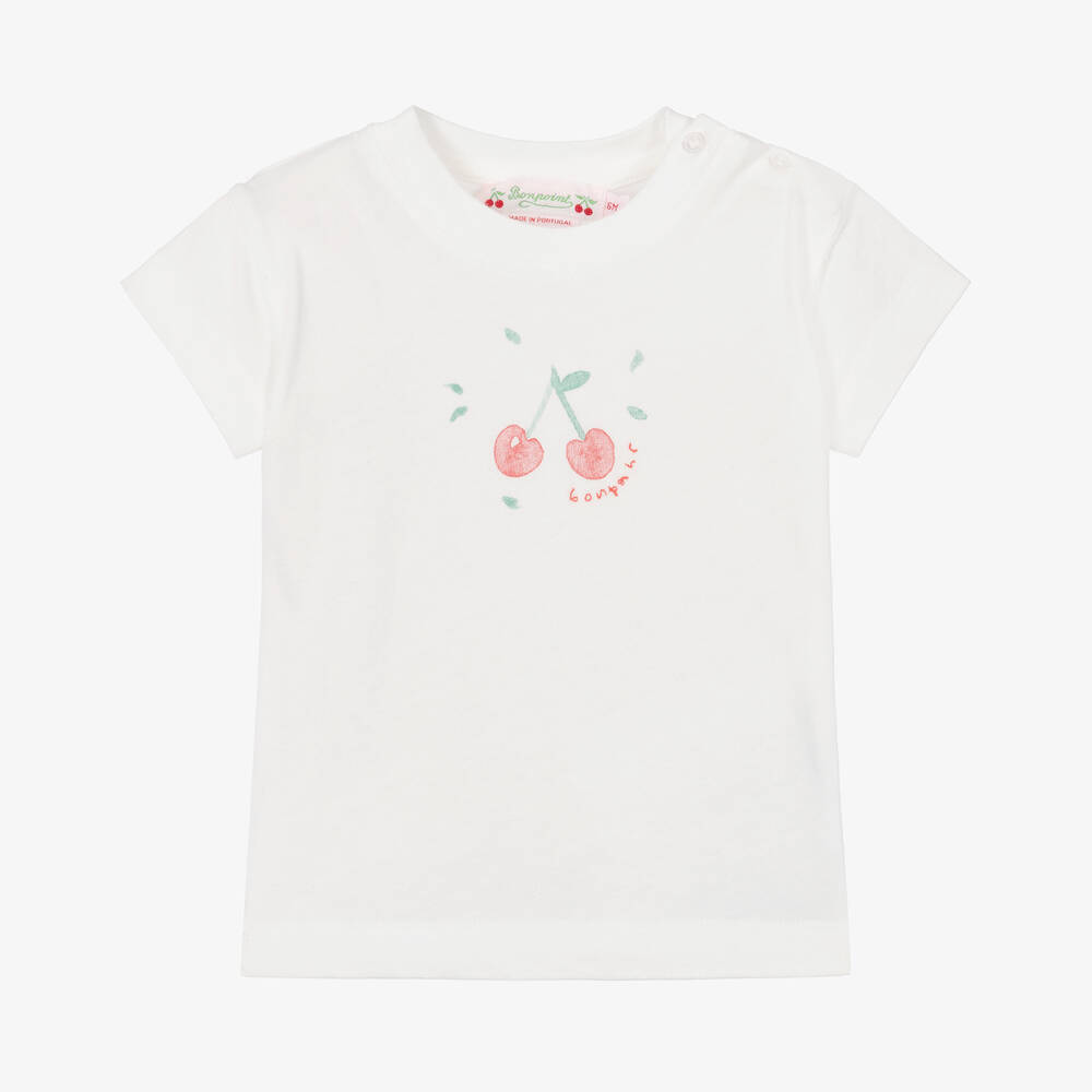 Bonpoint - Baby Girls White Cotton Cherry T-Shirt | Childrensalon
