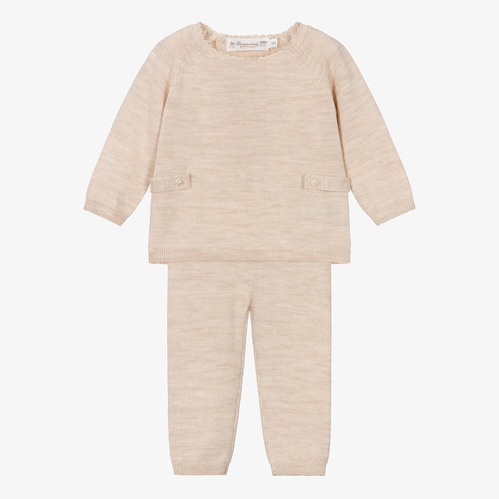 Bonpoint - Beige Wool Knit Baby Trouser Set | Childrensalon