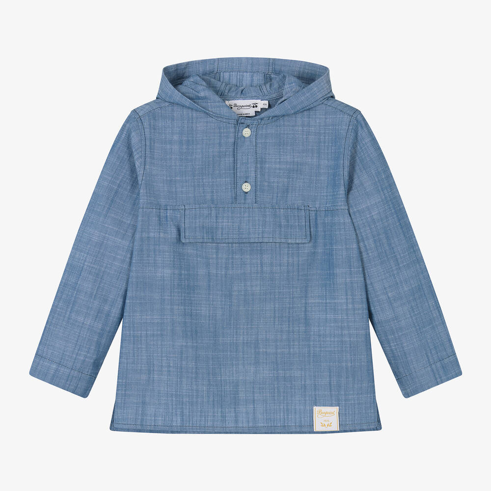 Bonpoint - Boys Blue Chambray Hooded Shirt | Childrensalon