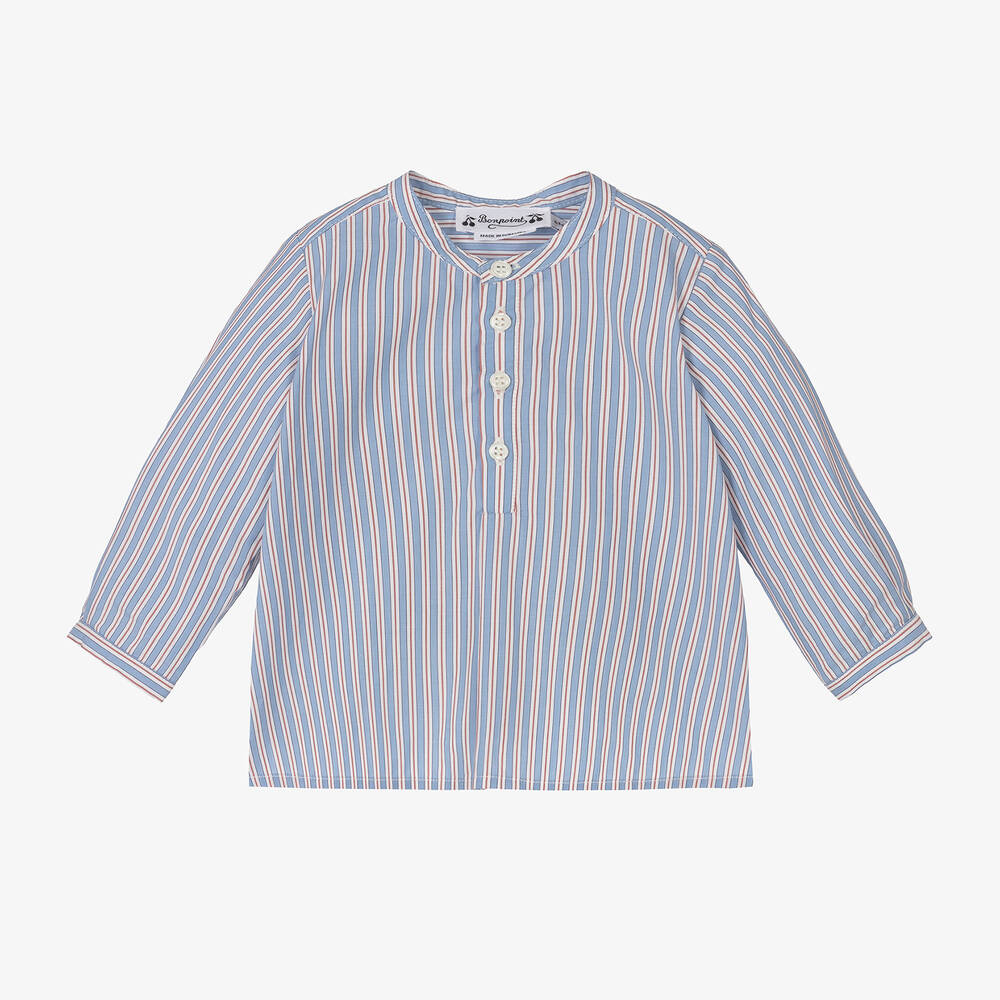 Bonpoint Babies' Boys Blue Stripe Cotton Collarless Shirt