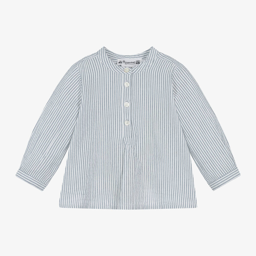Bonpoint - Boys Blue Striped Cotton Shirt | Childrensalon