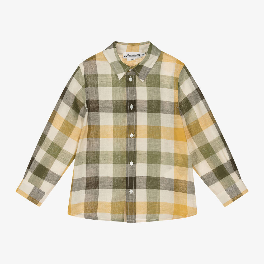 Bonpoint - Boys Green Linen & Cotton Check Shirt | Childrensalon