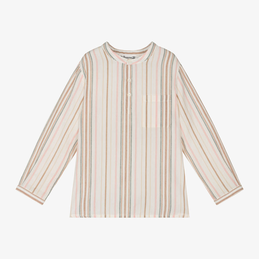 Bonpoint - Boys Ivory Cotton Stripe Collarless Shirt | Childrensalon