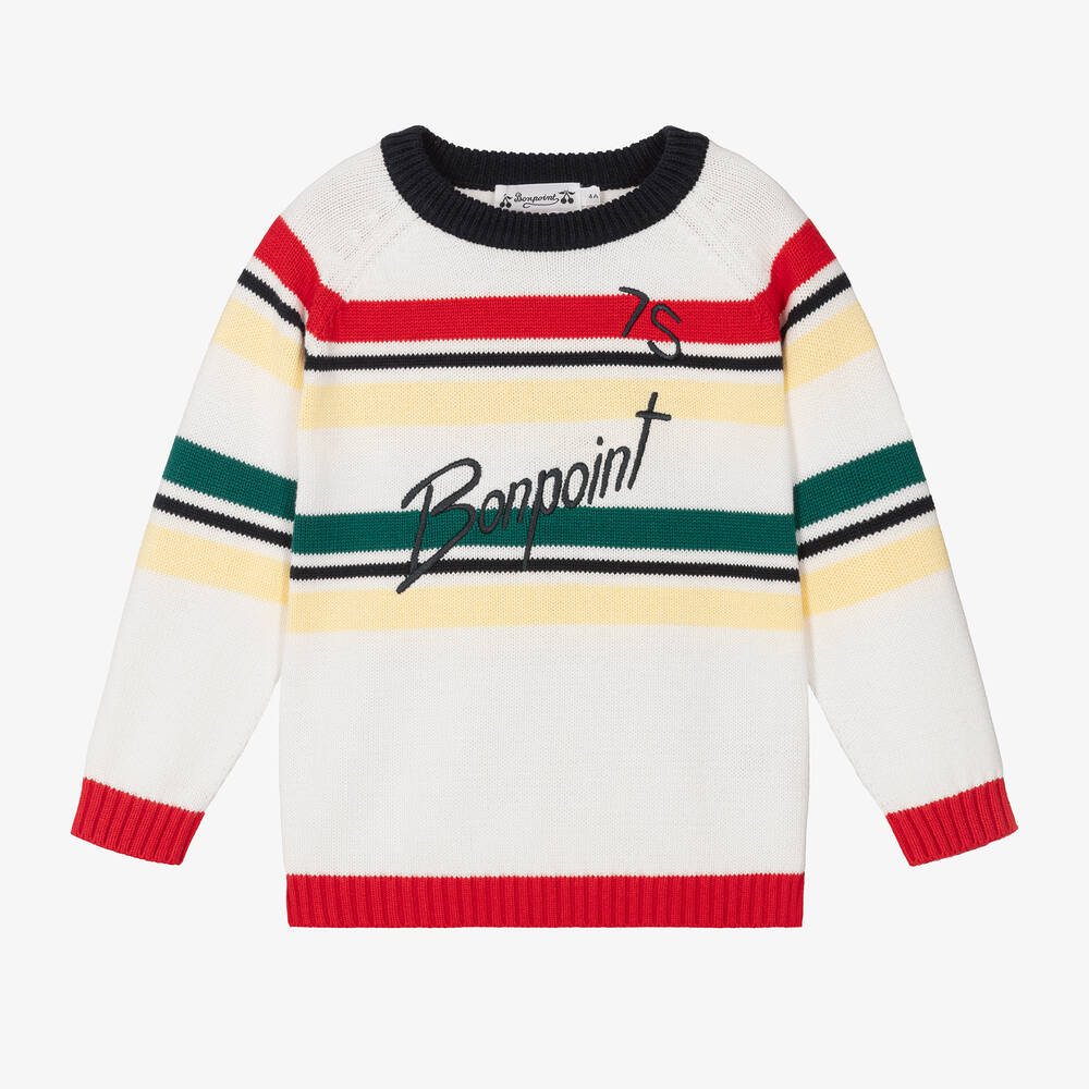 Bonpoint - Boys Ivory Striped Cotton Knit Sweater | Childrensalon