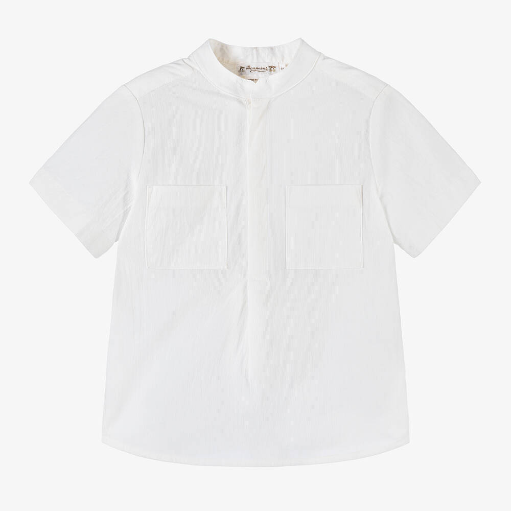 Bonpoint - Boys White Collarless Cotton Shirt | Childrensalon