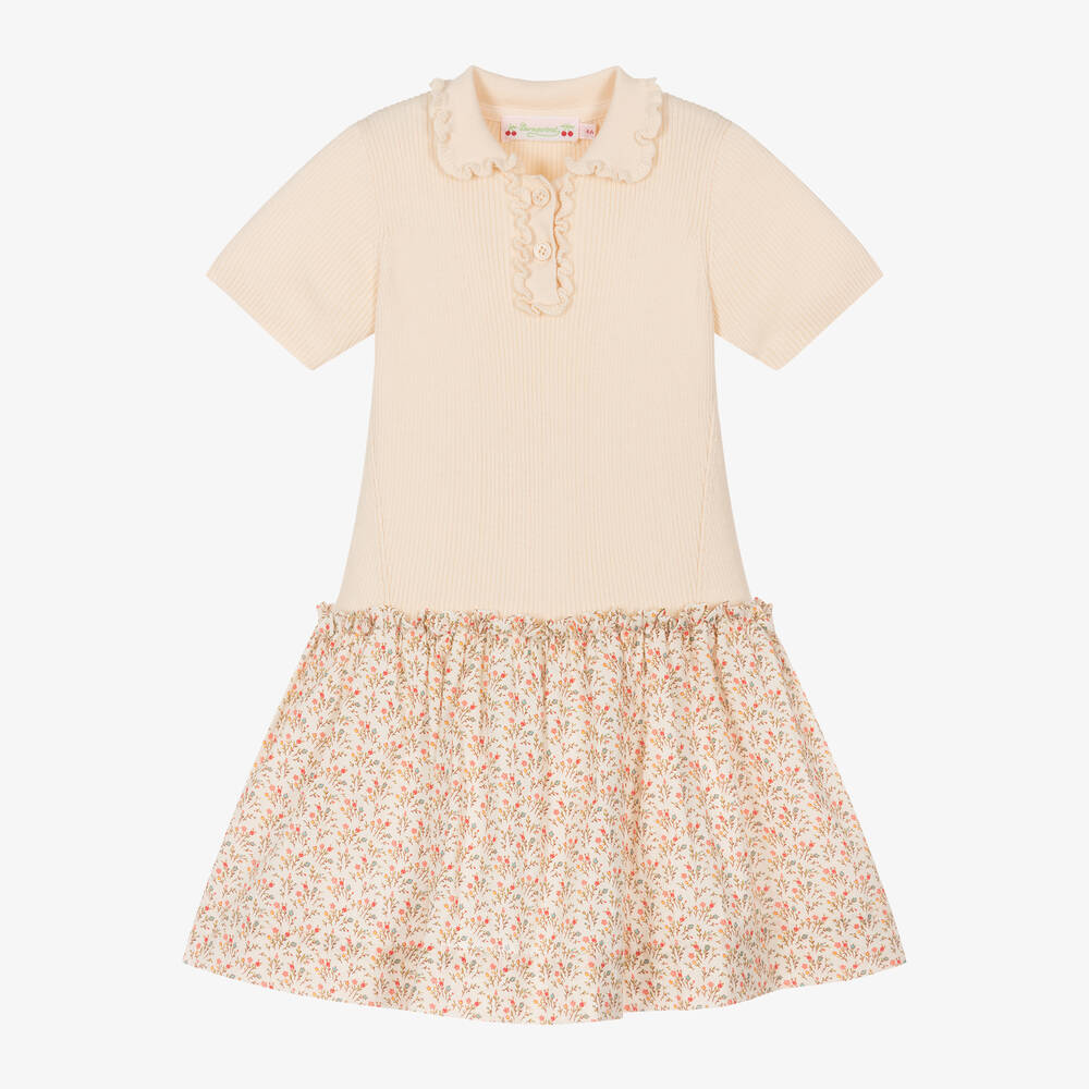 Bonpoint - Girls Beige Floral Cotton Dress | Childrensalon