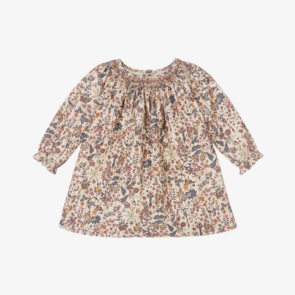 Bonpoint - Girls Beige Floral Needlecord Dress | Childrensalon