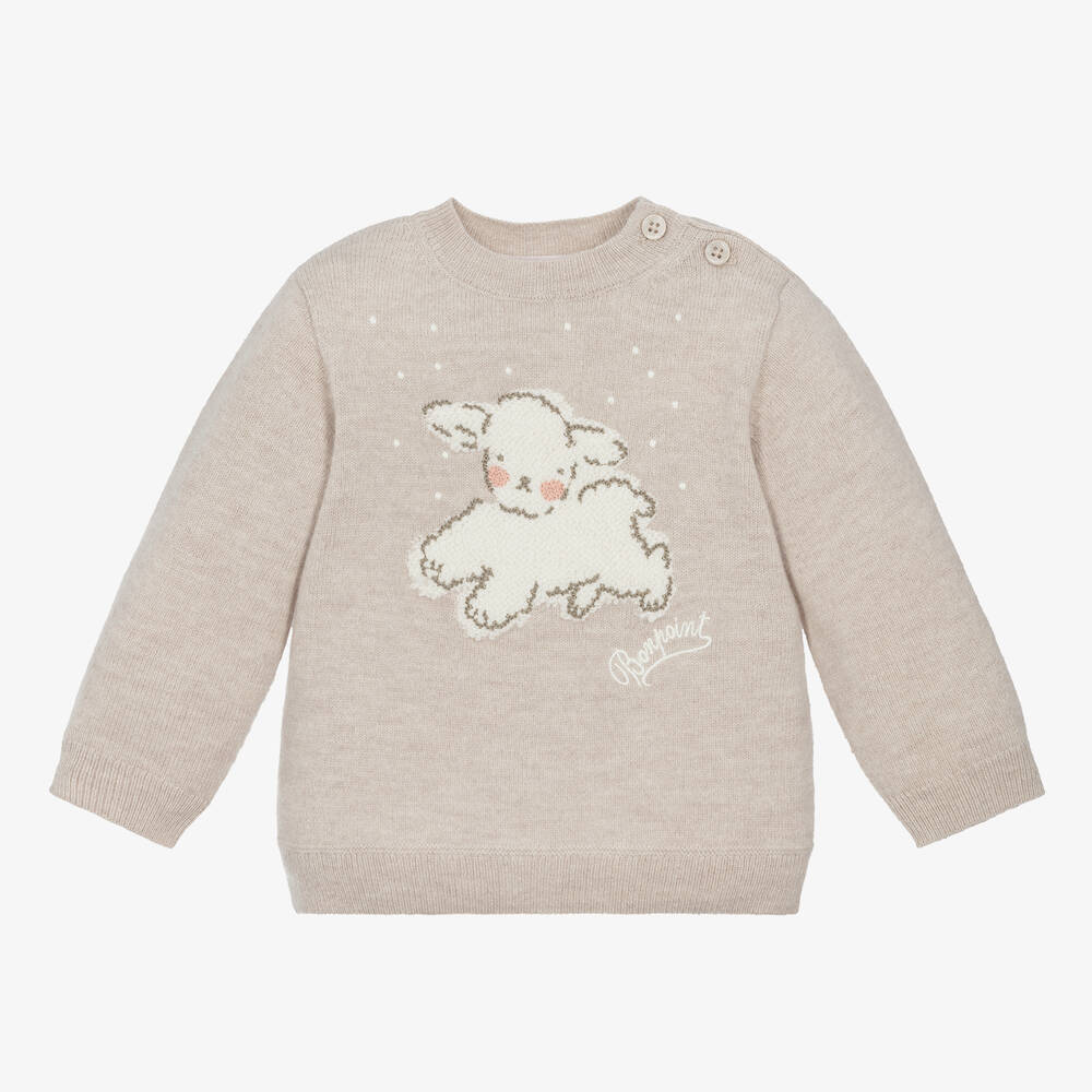 Bonpoint - Girls Beige Merino Wool Knit Sweater | Childrensalon