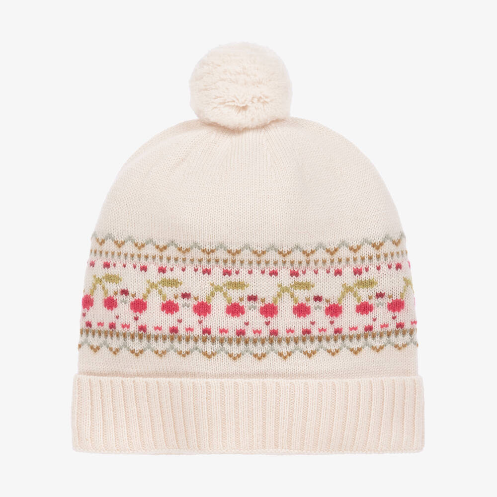 Bonpoint - Girls Beige Wool & Cashmere Cherry Hat | Childrensalon