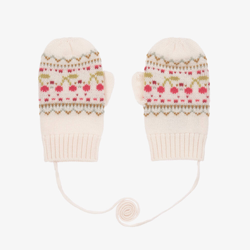 Bonpoint - Girls Beige Wool & Cashmere Cherry Mittens | Childrensalon