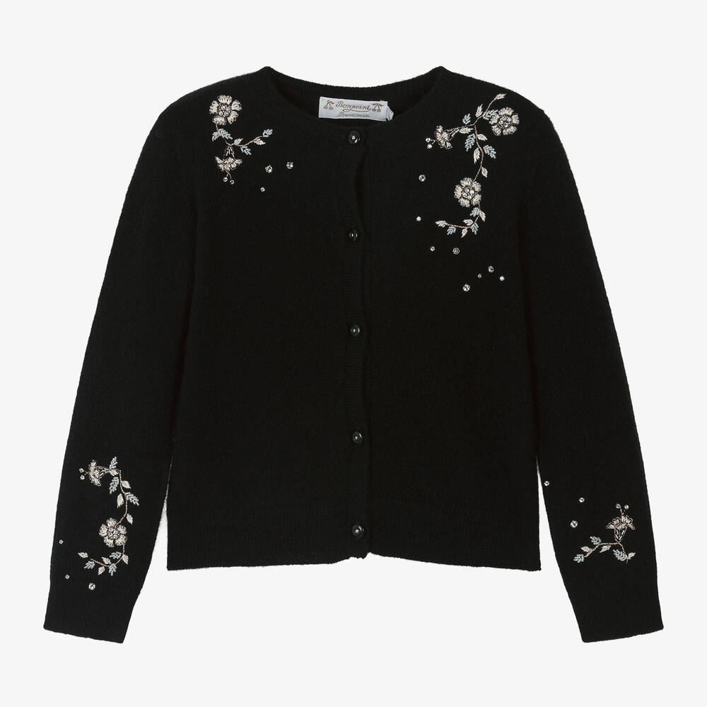 Bonpoint - Girls Black Cashmere Embellished Cardigan | Childrensalon