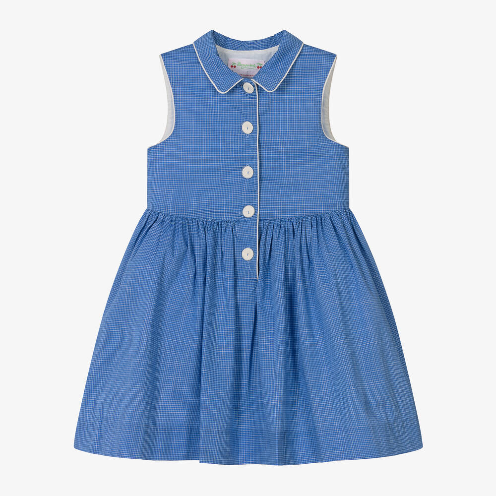 Bonpoint - Голубое хлопковое платье в клетку для девочек | Childrensalon