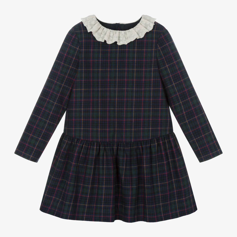 Bonpoint - Girls Blue Cotton Tartan & Lace Dress | Childrensalon