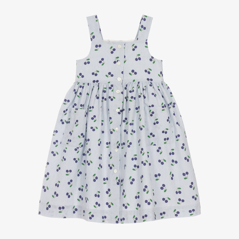 Bonpoint - Girls Blue Stripe & Cherry Cotton Dress | Childrensalon