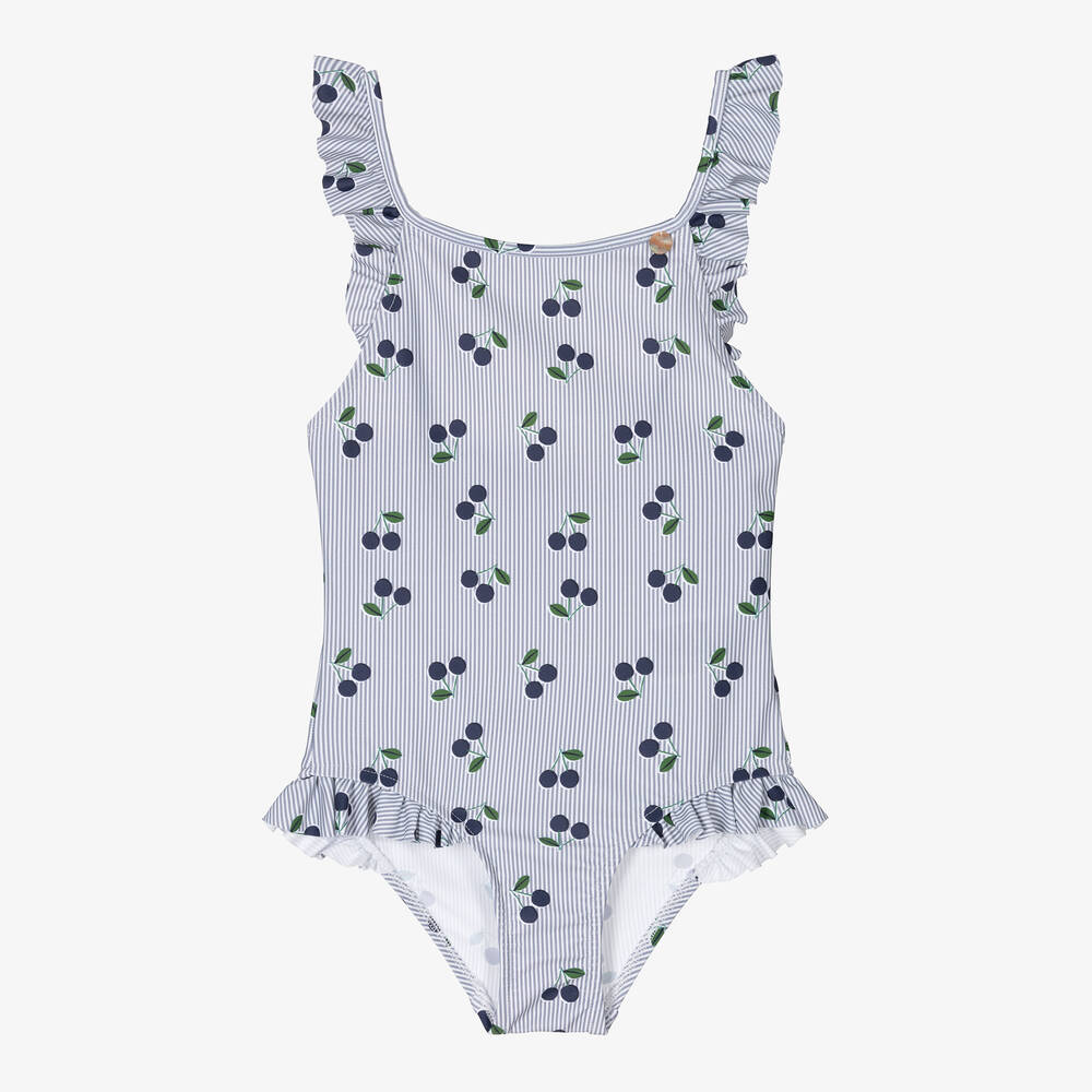 Bonpoint - Girls Blue Stripe & Cherry Print Swimsuit  | Childrensalon