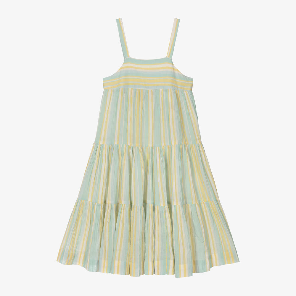 Bonpoint - Girls Blue Stripe Cotton Dress | Childrensalon