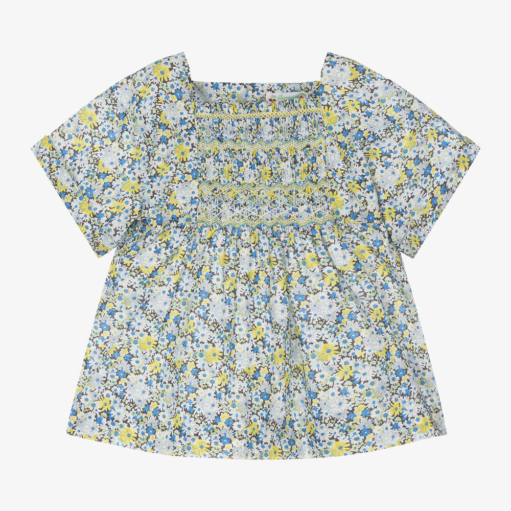 Bonpoint - Girls Blue & Yellow Floral Blouse | Childrensalon