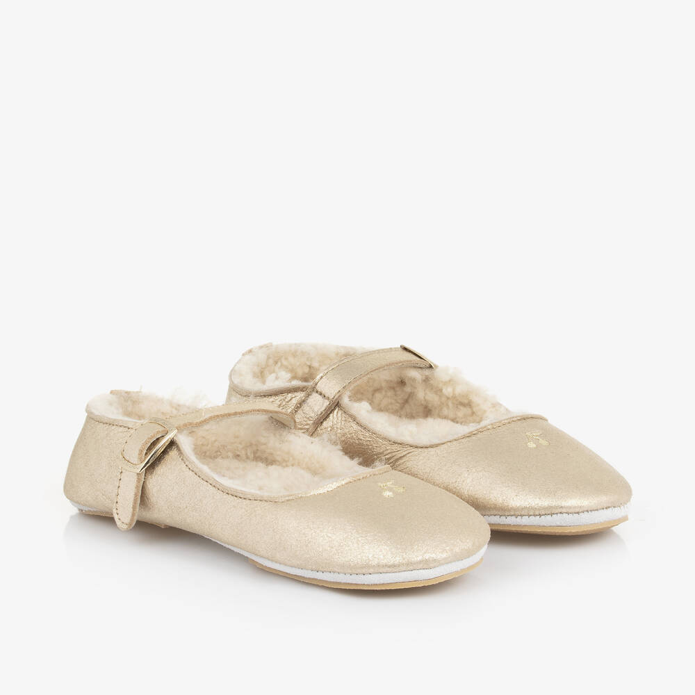 Bonpoint - Girls Gold Leather Ballerina Shoes | Childrensalon