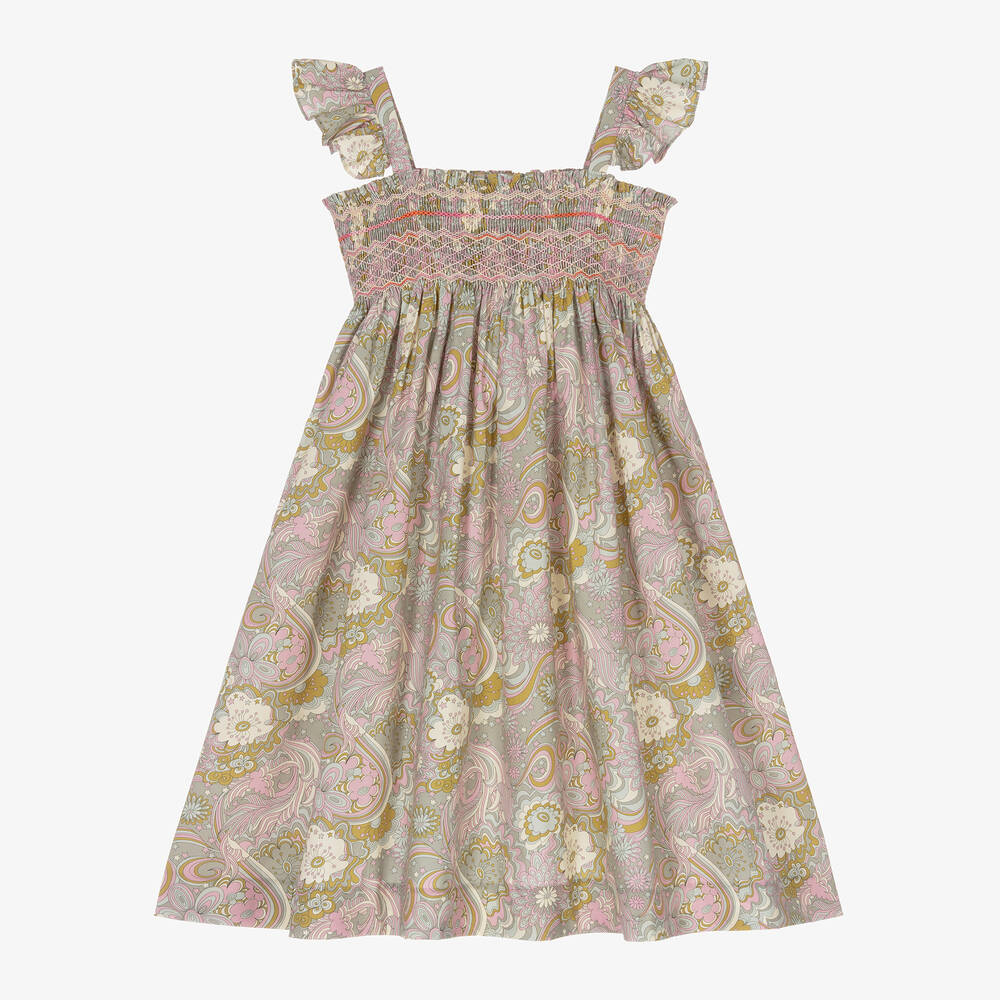 Bonpoint - Girls Green Liberty Print Smocked Dress | Childrensalon