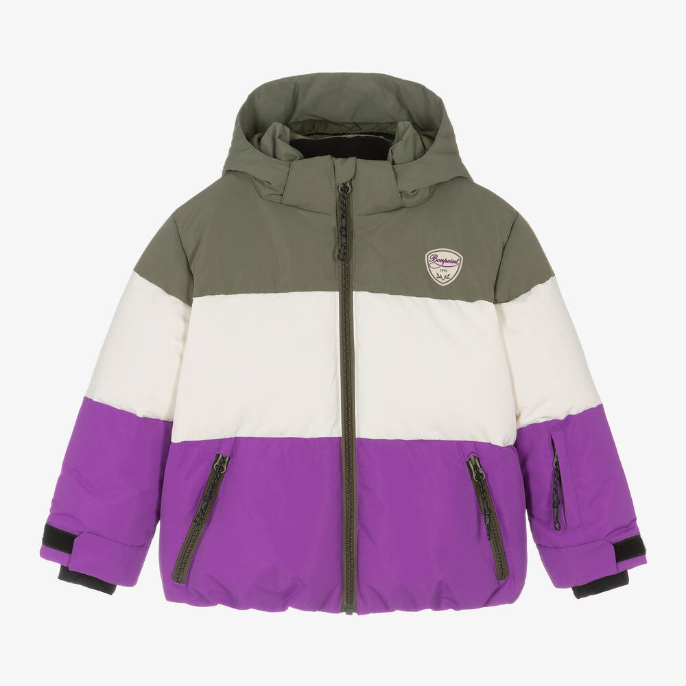 Bonpoint - Girls Green & Purple Down Padded Ski Jacket | Childrensalon