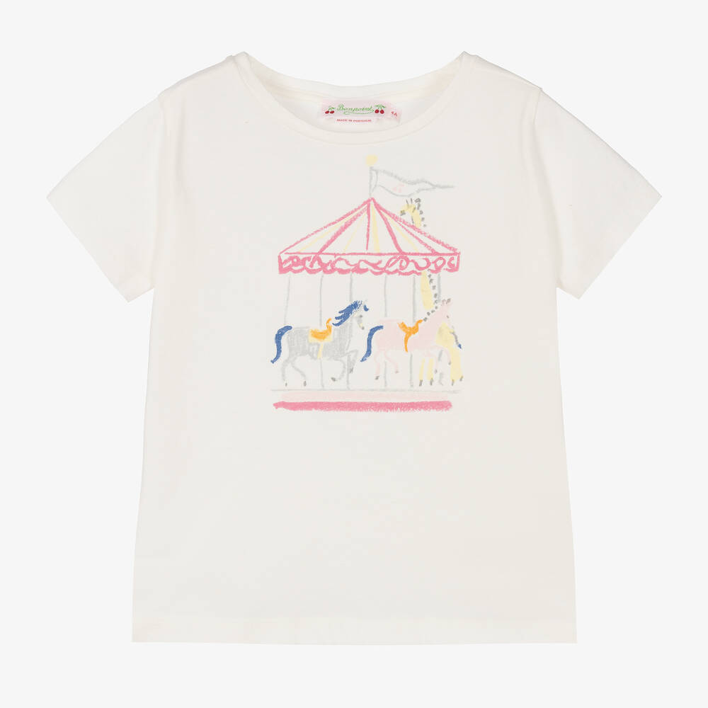Bonpoint - Кремовая хлопковая футболка с каруселью для девочек | Childrensalon