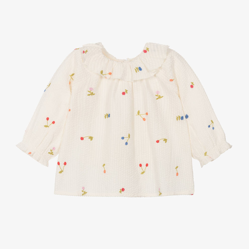 Bonpoint - Кремовая хлопковая блузка с вишенками для девочек  | Childrensalon