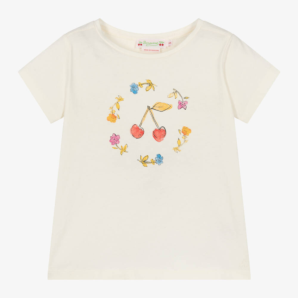 Bonpoint - Girls Ivory Cotton Cherry T-shirt | Childrensalon