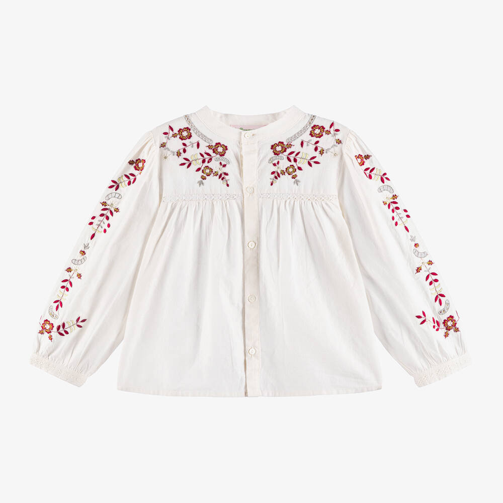 Bonpoint - Girls Ivory Cotton Embroidered Blouse | Childrensalon