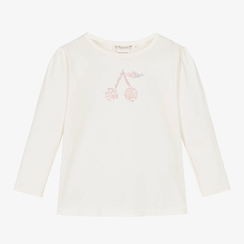 Bonpoint - Girls Ivory Cotton Sequin Cherry T-Shirt | Childrensalon