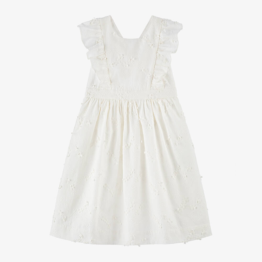 Bonpoint - Girls Ivory Embroidered Cotton Dress | Childrensalon