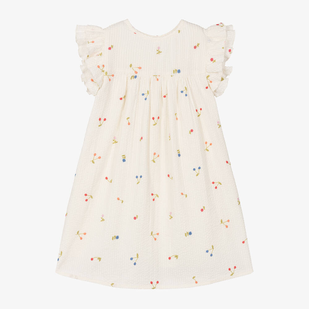 Bonpoint - Кремовое платье в тонкую полоску с вышивкой для девочек | Childrensalon