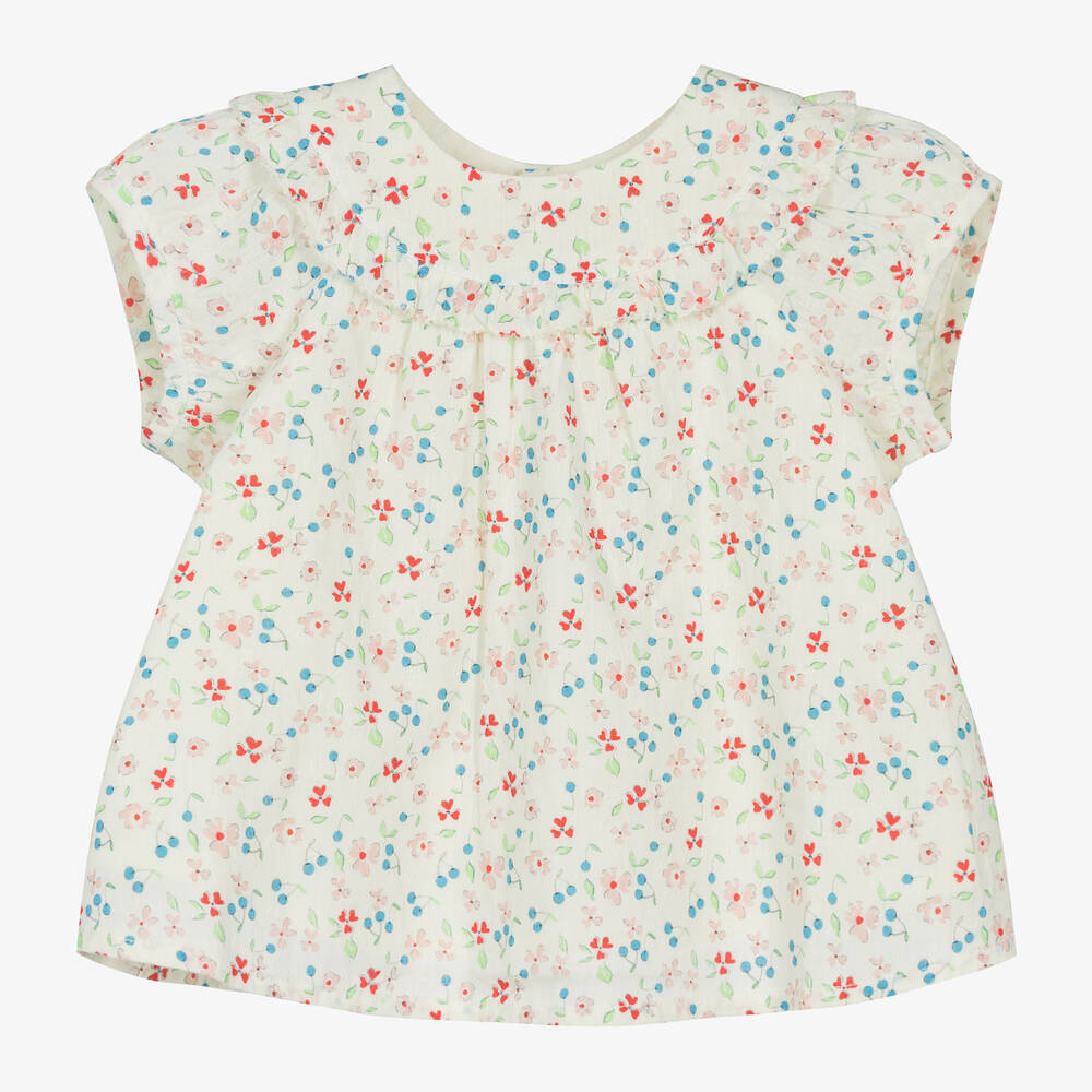Bonpoint - Кремовая хлопковая блузка с цветами для девочек | Childrensalon
