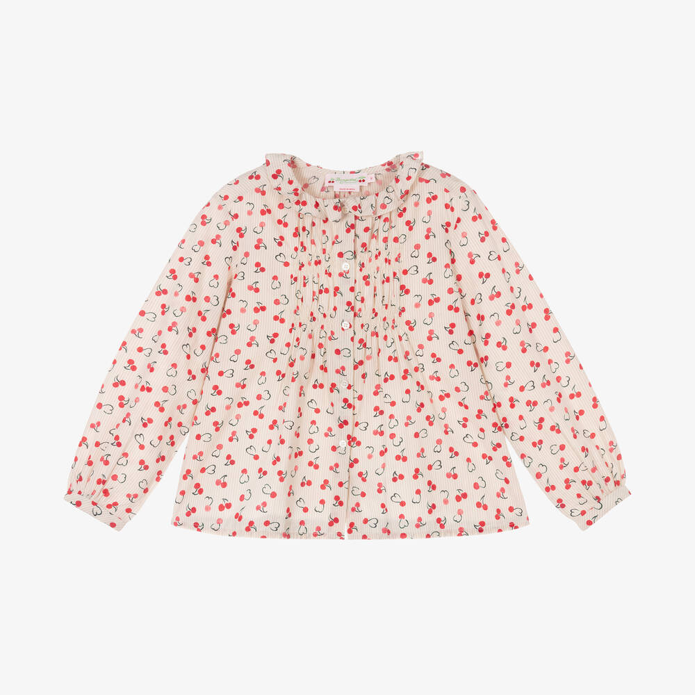 Bonpoint - Girls Ivory Stripe Cherry Cotton Blouse | Childrensalon