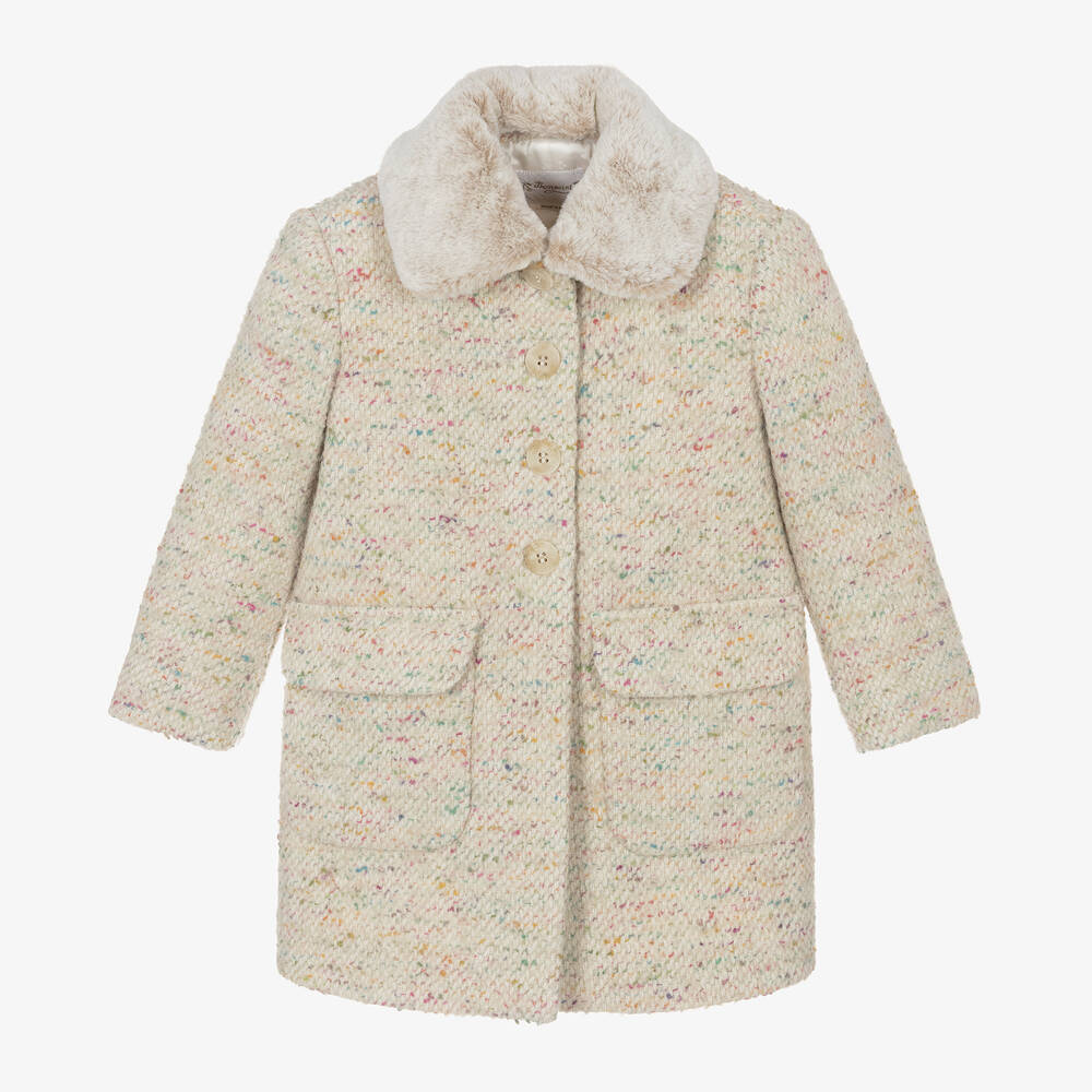 Bonpoint - Girls Ivory Wool & Alpaca Tweed Coat | Childrensalon