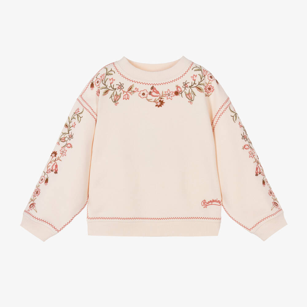 Bonpoint - Girls Pink Embroidered Cotton Sweatshirt | Childrensalon