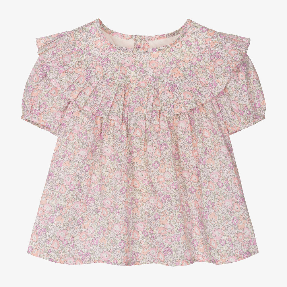 Bonpoint - Розовая хлопковая блузка с цветами для девочек | Childrensalon
