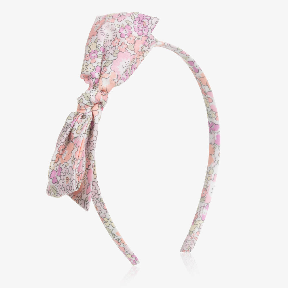 Bonpoint - Girls Pink Floral Cotton Bow Hairband  | Childrensalon