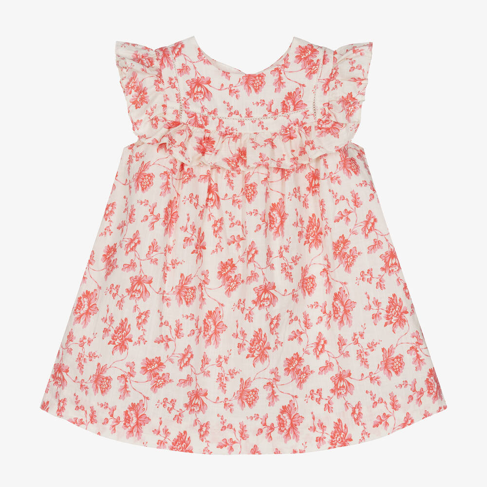 Bonpoint - Girls Pink Floral Cotton Dress  | Childrensalon