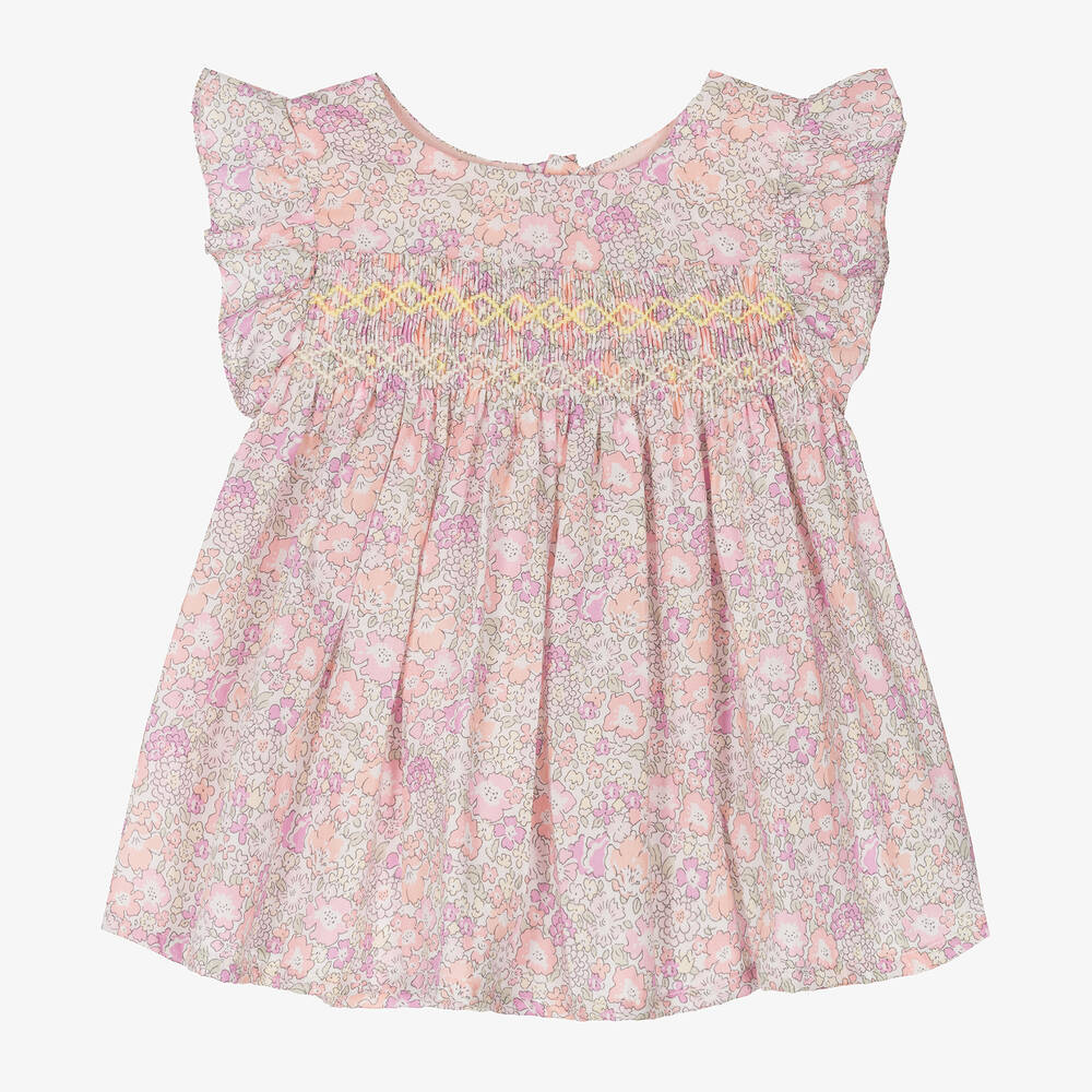 Bonpoint - Розовая хлопковая блузка в цветочек для девочек | Childrensalon