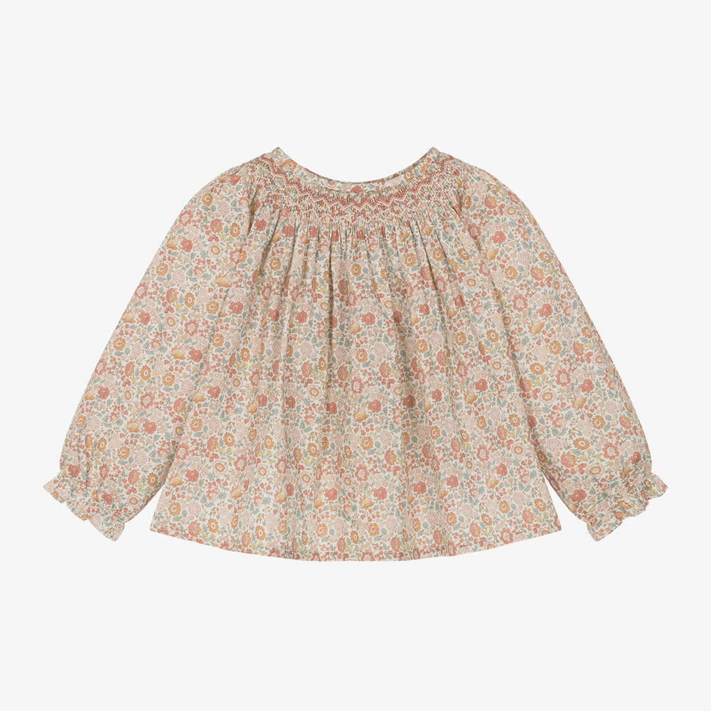 Bonpoint - Girls Pink Floral Print Cotton Blouse | Childrensalon