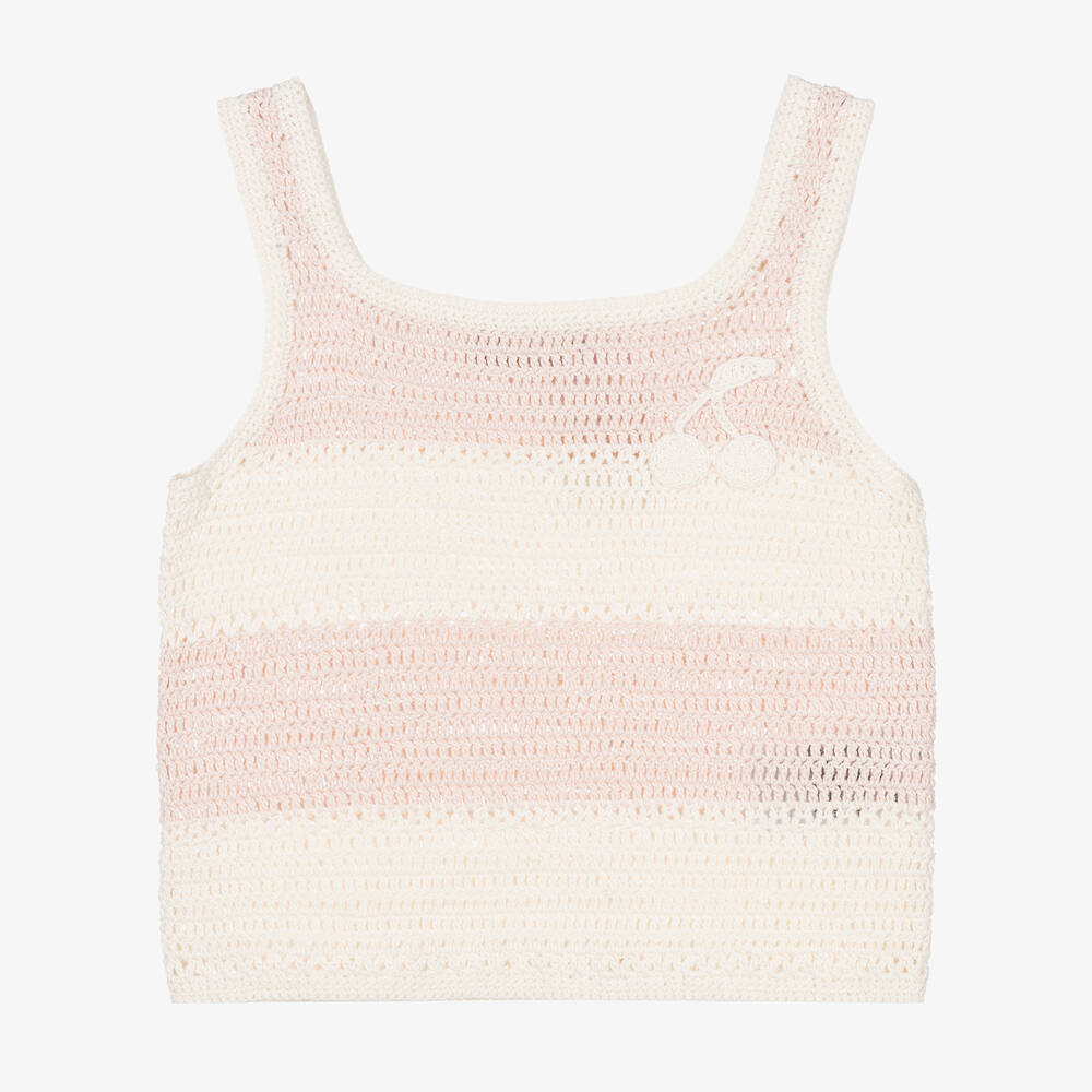 Bonpoint - Girls Pink & Ivory Cotton Crochet Top | Childrensalon