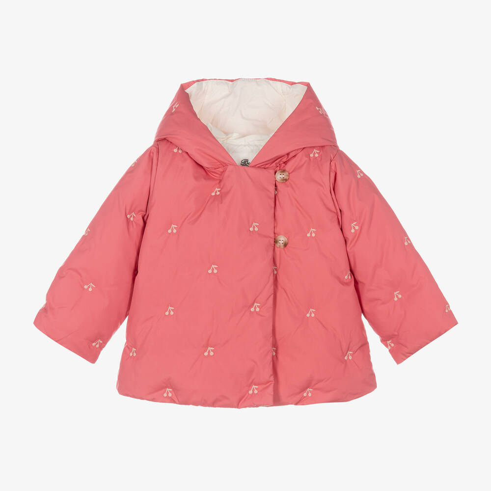 Bonpoint - Розовая стеганая куртка с вишенками для девочек | Childrensalon