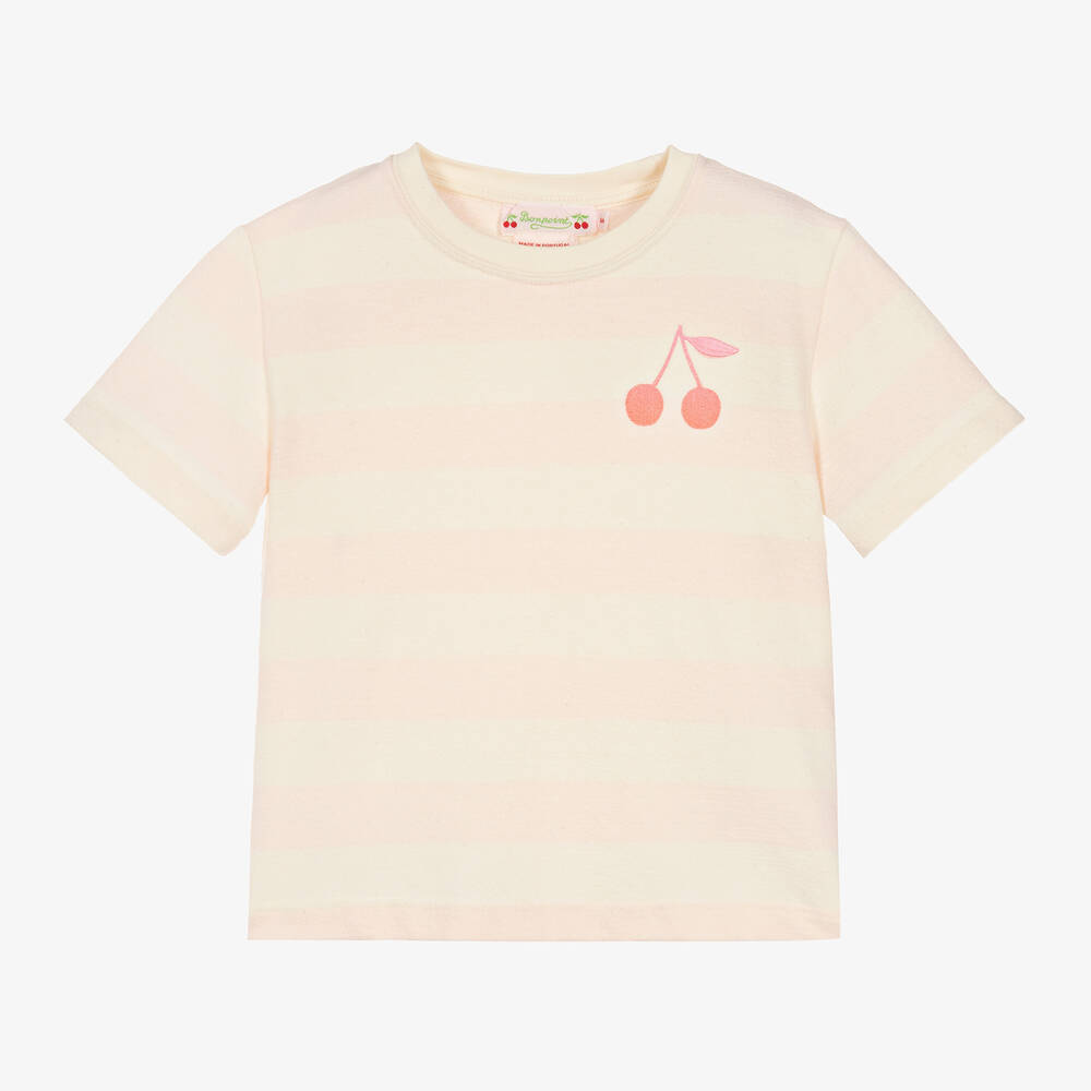 Bonpoint - Girls Pink Stripe Cotton Cherry T-Shirt | Childrensalon